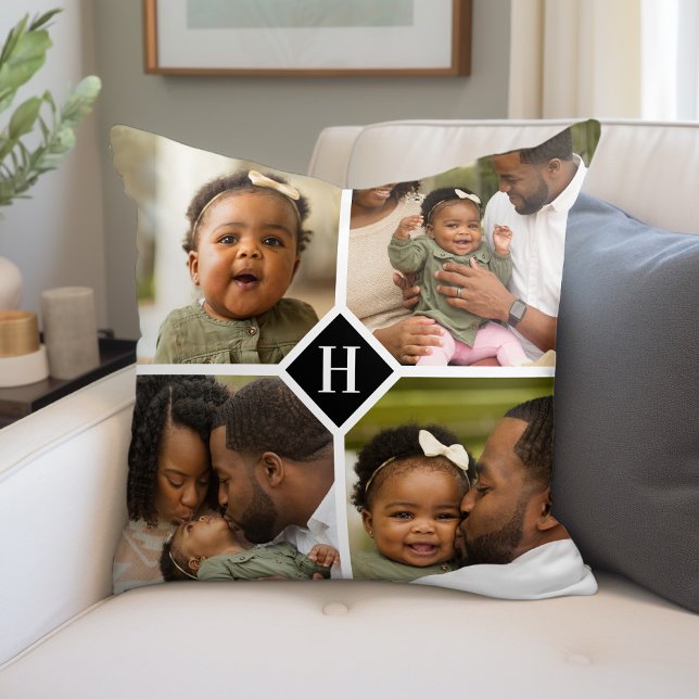 Custom 4 Photo Collage Family Monogram | Black Throw Pillow (Creator Uploaded)