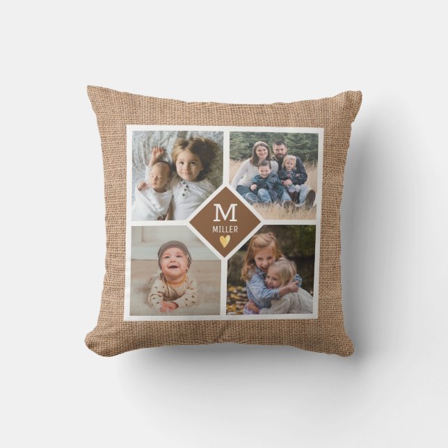 Custom 4 Photo Collage Family Monogram Burlap Outdoor Pillow (Front)