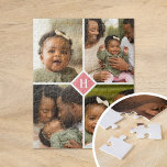 Custom 4 Photo Collage Family Monogram | Coral Jigsaw Puzzle<br><div class="desc">A special personalized gift with 4 of your custom photos and monogram initial. Use the design tools to add additional text in any font and colors you like. Upload more photos, edit the background color or choose a different size option to further customize the design. Custom photo puzzles are an...</div>