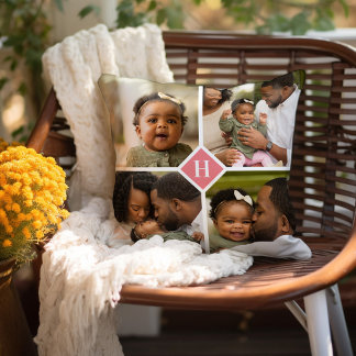 Custom 4 Photo Collage Family Monogram | Coral Throw Pillow
