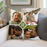 Custom 4 Photo Collage Family Monogram | Olive Throw Pillow<br><div class="desc">Custom made to order throw pillows personalized with your photos and text. Add 4 square Instagram photos with a classic monogram initial in the center. Reverse side has a chic stripe pattern or choose a custom background color to match any home decor. Use the design tools to add more photos...</div>