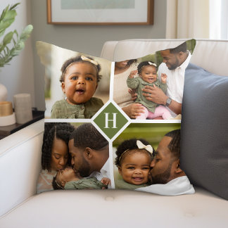 Custom 4 Photo Collage Family Monogram | Olive Throw Pillow