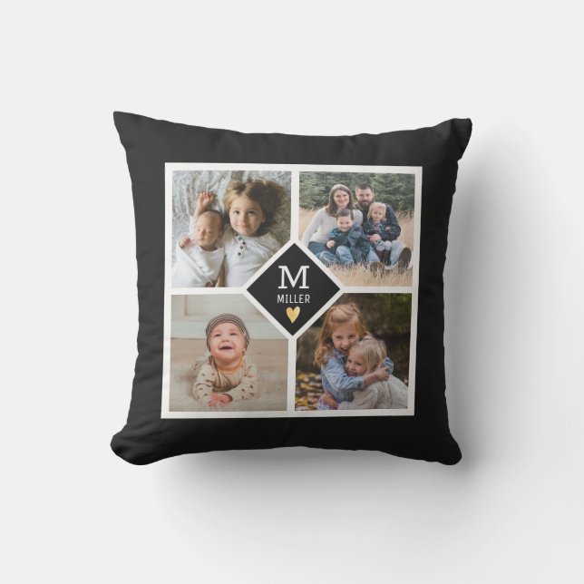 Custom 4 Photo Collage Family Monogram Outdoor Pillow (Front)