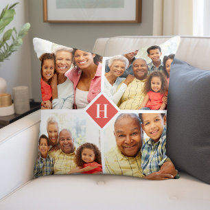 Custom 4 Photo Collage Family Monogram Throw Pillow