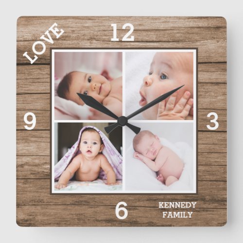 Custom 4 Photo Collage Family Name Love Wood Square Wall Clock