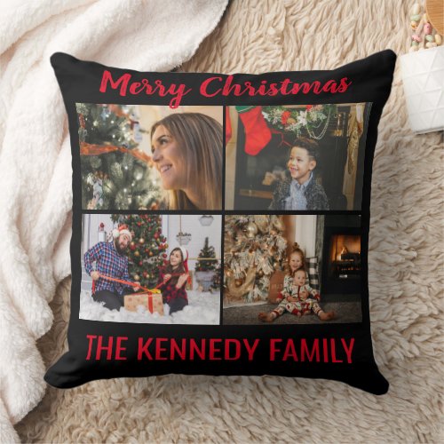 Custom 4 Photo Collage Family Name Merry Christmas Throw Pillow
