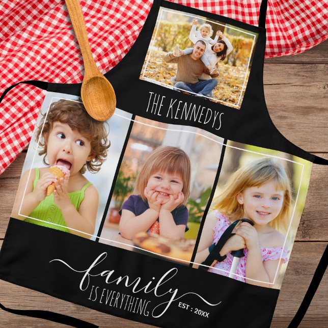 Custom 4 Photo Collage Family Quote And Name Black Apron (Creator Uploaded)