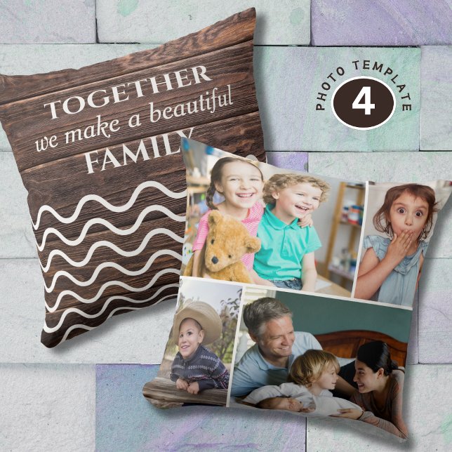 Custom 4 Photo Collage Family Quote Rustic Wood   Throw Pillow (Creator Uploaded)