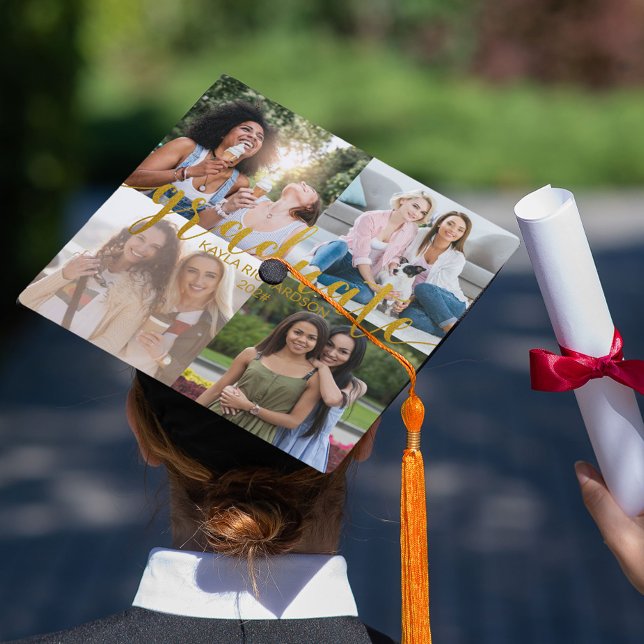 Custom 4 Photo Collage Gold Hand Lettered Graduation Cap Topper (Creator Uploaded)