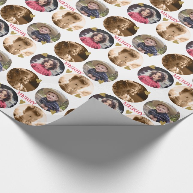 Custom 4 Photo Collage  Gold Heart Merry Christmas Wrapping Paper (Corner)