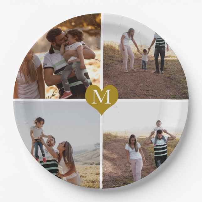 Custom 4 Photo Collage Gold Heart Monogrammed Paper Plates (Front)