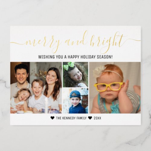 Custom 4 Photo Collage Gold Merry Christmas   Foil Holiday Postcard