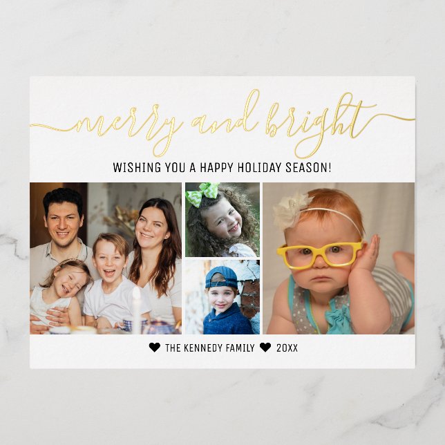 Custom 4 Photo Collage Gold Merry Christmas   Foil Holiday Postcard (Front)