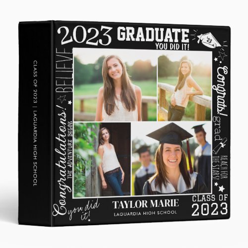 Custom 4 Photo Collage Graduation 2023 Black 3 Ring Binder