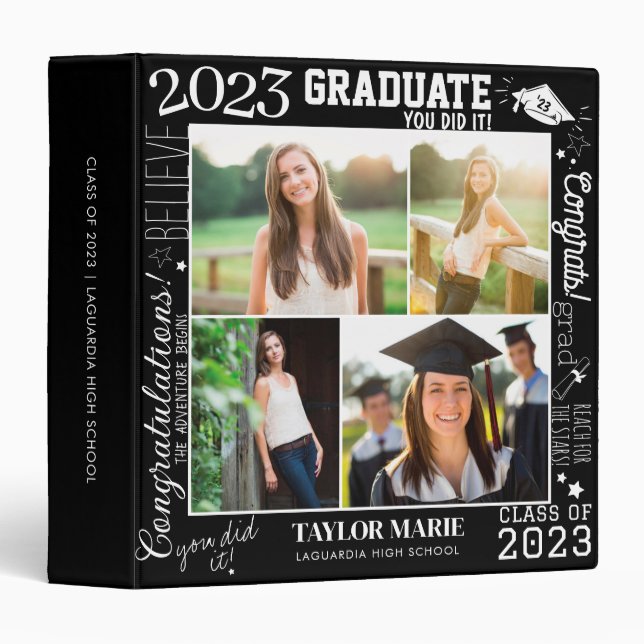 Custom 4 Photo Collage Graduation 2023 Black 3 Ring Binder (Front/Spine)