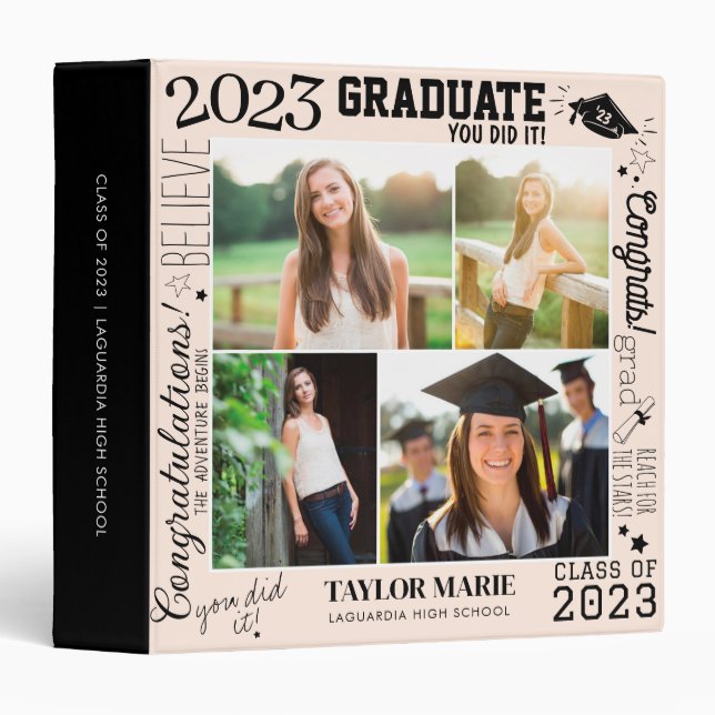 Custom 4 Photo Collage Graduation 2023 Pink 3 Ring Binder (Front/Spine)