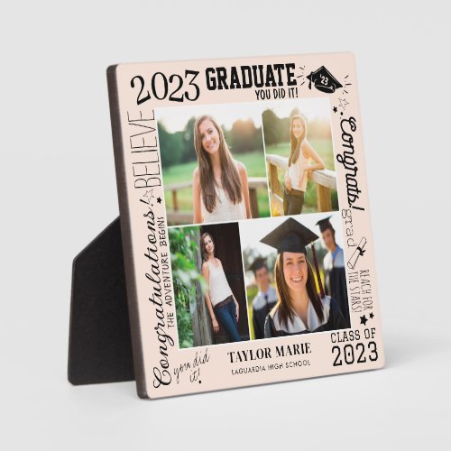 Custom 4 Photo Collage Graduation 2023 Pink Plaque