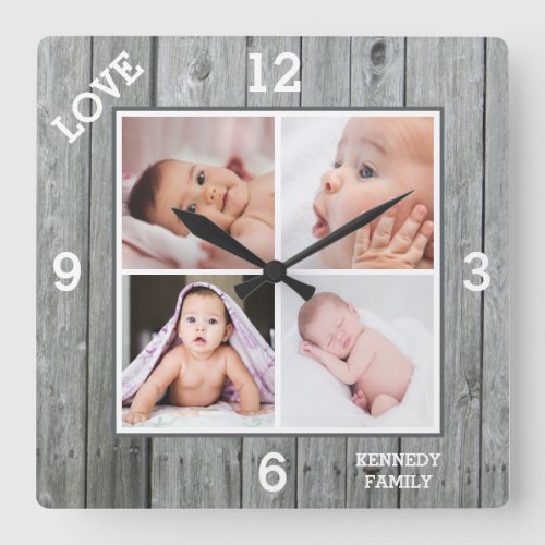 Custom 4 Photo Collage Gray Wood Family Love Square Wall Clock