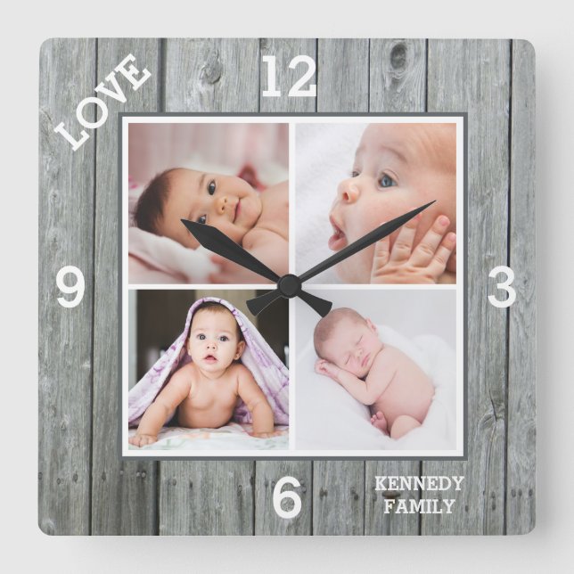 Custom 4 Photo Collage Gray Wood Family Love Square Wall Clock (Front)