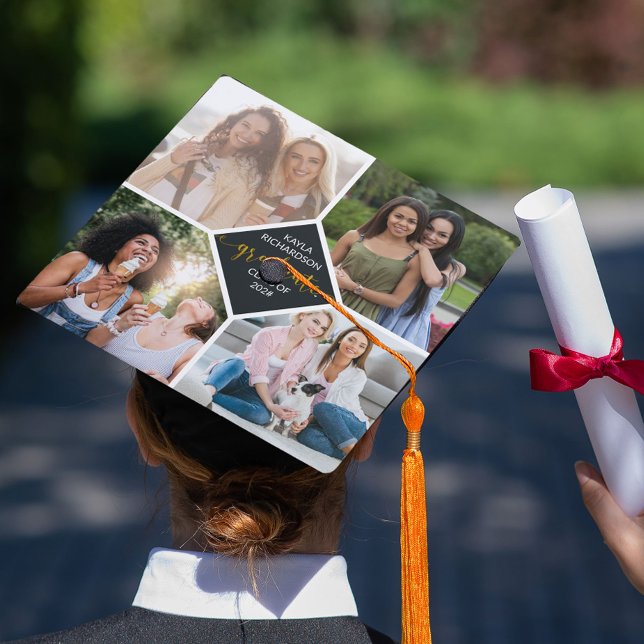 Custom 4 Photo Collage Grid Gold Graduate Graduation Cap Topper (Creator Uploaded)