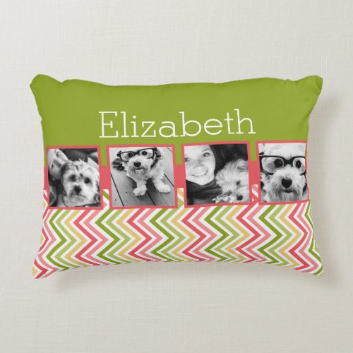 Custom 4 Photo Collage Lime and Coral Chevrons Accent Pillow