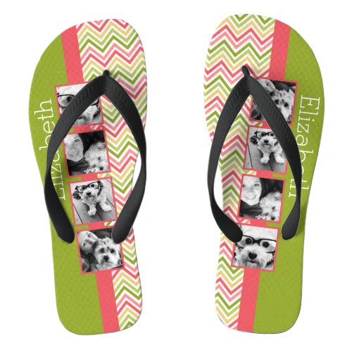 Custom 4 Photo Collage Lime and Coral Chevrons Flip Flops