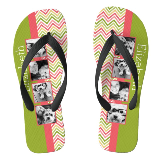 Custom 4 Photo Collage Lime and Coral Chevrons Flip Flops (Footbed)