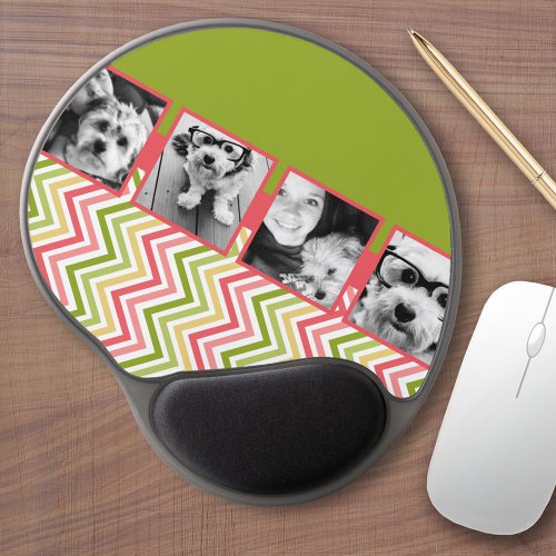 Custom 4 Photo Collage Lime and Coral Chevrons Gel Mouse Pad