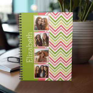 Custom 4 Photo Collage Lime and Coral Chevrons Notebook