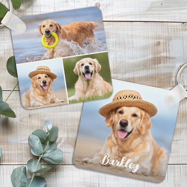 Custom 4 Photo Collage Modern Pet Puppy Dog Lover Keychain (Creator Uploaded)