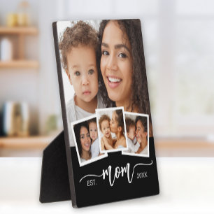 Custom 4-Photo Collage Mom Established Year Black Plaque