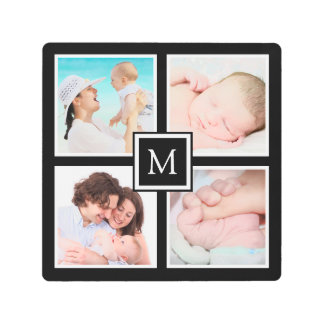 Custom 4 Photo Collage Monogram Black Metal Print