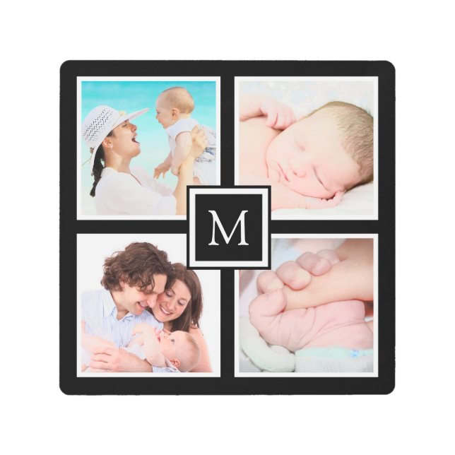 Custom 4 Photo Collage Monogram Black Metal Print (Front)