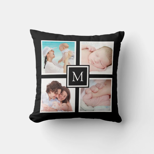 Custom 4 Photo Collage Monogram Black Throw Pillow (Front)