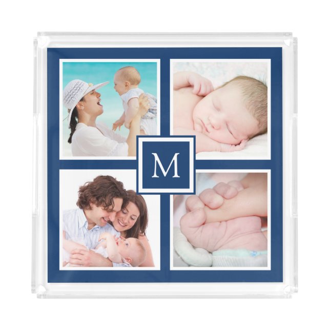 Custom 4 Photo Collage Monogram Blue Acrylic Tray (Front)