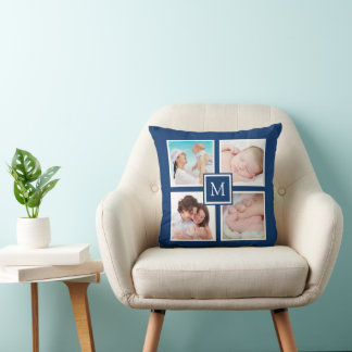 Custom 4 Photo Collage Monogram Blue Throw Pillow