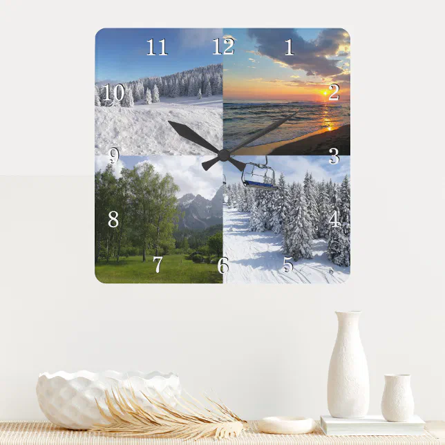 Custom 4 Photo Collage Personalized Square Wall Clock Zazzle