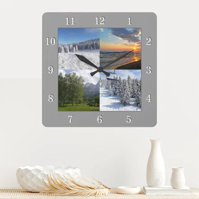 Custom 4 Photo Collage Personalized Square Wall Clock | Zazzle