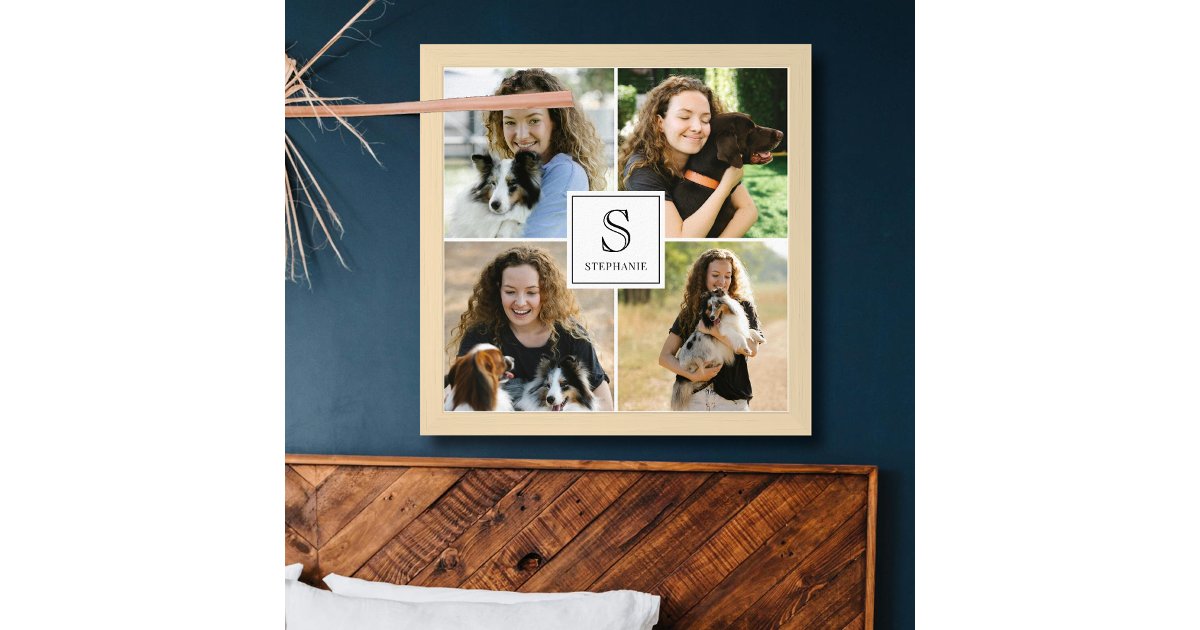 Custom 4 Photo Collage with Monogram and Name Poster | Zazzle