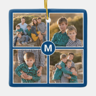 Custom 4 Photo Collage with Monogram on Blue Ceramic Ornament
