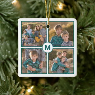 Custom 4 Photo Collage with Teal Monogram Ceramic Ornament