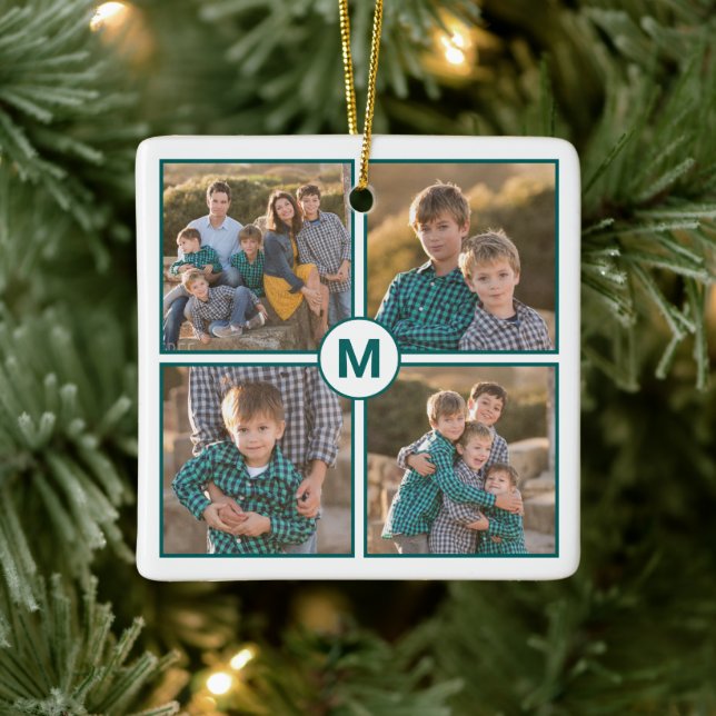 Custom 4 Photo Collage with Teal Monogram Ceramic Ornament (Tree)