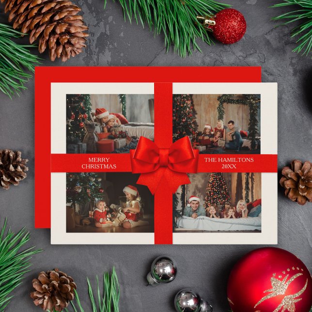 Custom 4 Photo Elegant Big Red Ribbon Christmas Holiday Card (Elegant Big Red Ribbon Christmas Custom 4 Photo Holiday Card
)