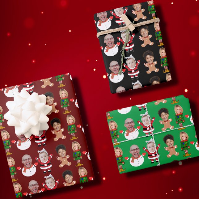 Custom 4 Photo Family Face Photo Christmas Gift Wrapping Paper Sheets (Creator Uploaded)