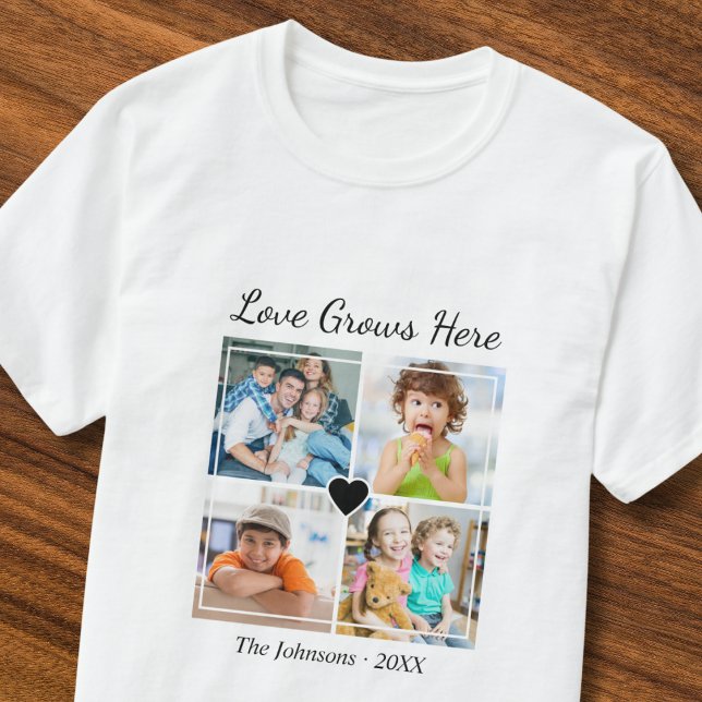 Custom 4 Photo Family Name Love Grows Here Quote  T-Shirt (Creator Uploaded)