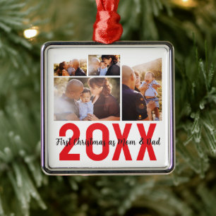 Custom 4 Photo First Christmas as Mom & Dad Metal Ornament