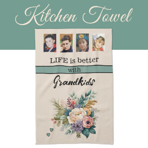 Custom 4 photo grandkids floral green kitchen towel