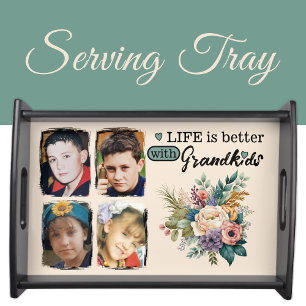 Custom 4 photo grandkids floral green serving tray