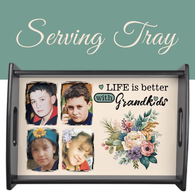 Custom 4 photo grandkids floral green serving tray (Creator Uploaded)