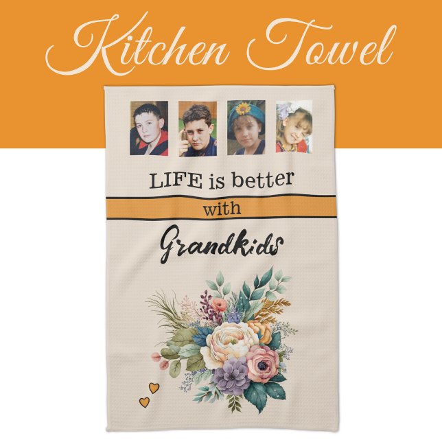 Custom 4 photo grandkids floral orange kitchen towel (Creator Uploaded)